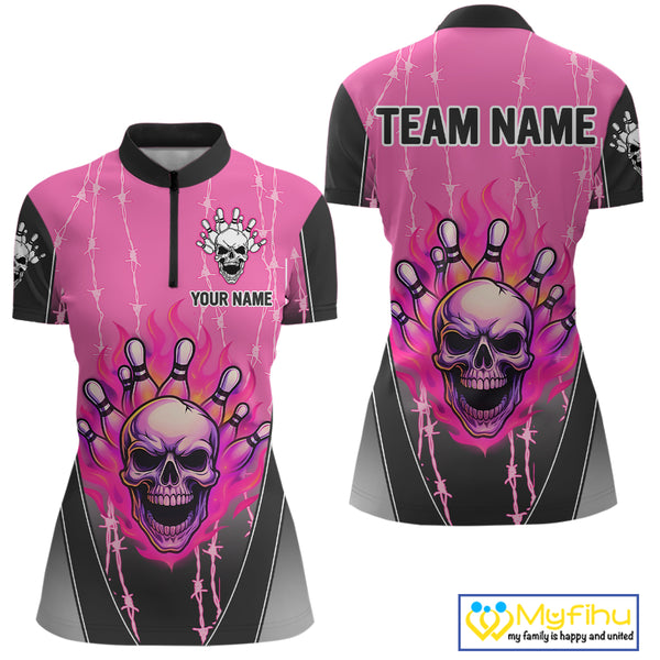 Black and pink flame skull Bowling Polo, 1/4 Zip Shirt for Women Custom Team Bowling League Jersey NQS10203