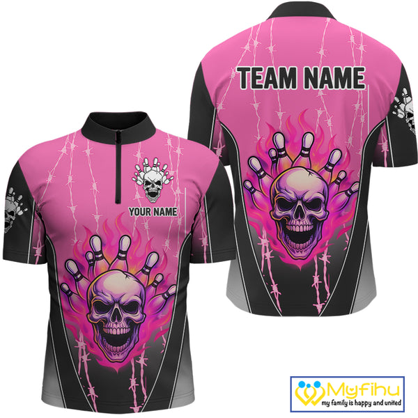 Black and pink flame skull Bowling Polo, 1/4 Zip Shirt for men Custom Team Bowling League Jersey NQS10203