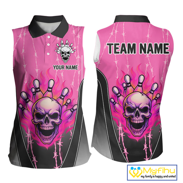 Black and pink flame skull Bowling sleeveless polo Shirt for Women Custom Team Bowling League Jersey NQS10203