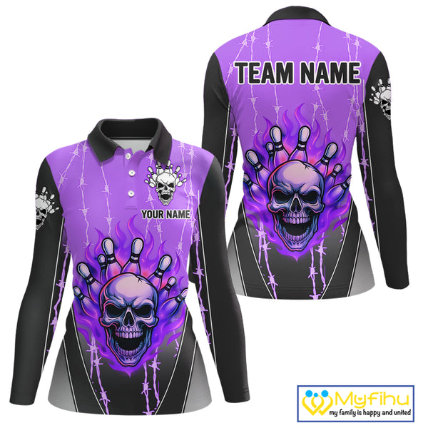 Black and purple flame skull Bowling Polo, 1/4 Zip Shirt for Women Custom Team Bowling League Jersey NQS10204