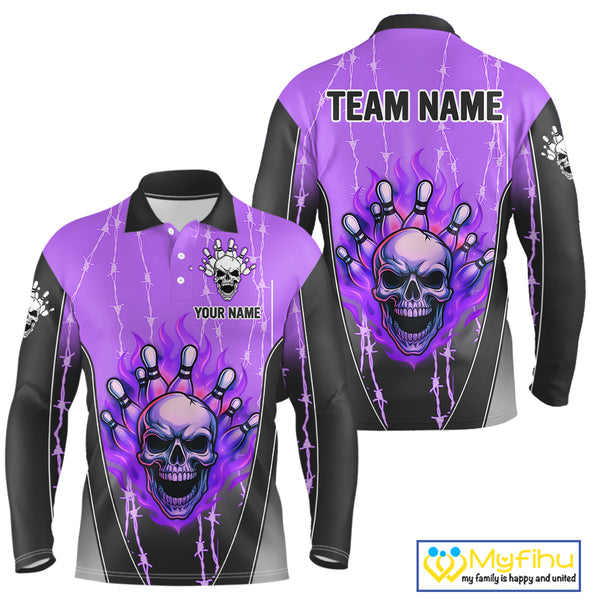 Black and purple flame skull Bowling Polo, 1/4 Zip Shirt for men Custom Team Bowling League Jersey NQS10204