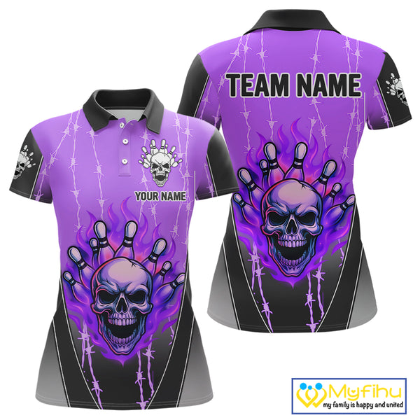 Black and purple flame skull Bowling Polo, 1/4 Zip Shirt for Women Custom Team Bowling League Jersey NQS10204