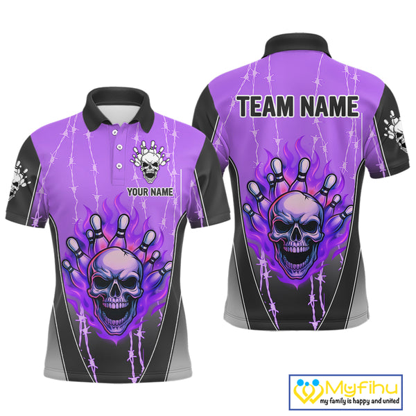 Black and purple flame skull Bowling Polo, 1/4 Zip Shirt for men Custom Team Bowling League Jersey NQS10204