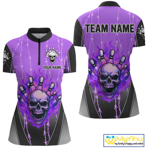 Black and purple flame skull Bowling Polo, 1/4 Zip Shirt for Women Custom Team Bowling League Jersey NQS10204