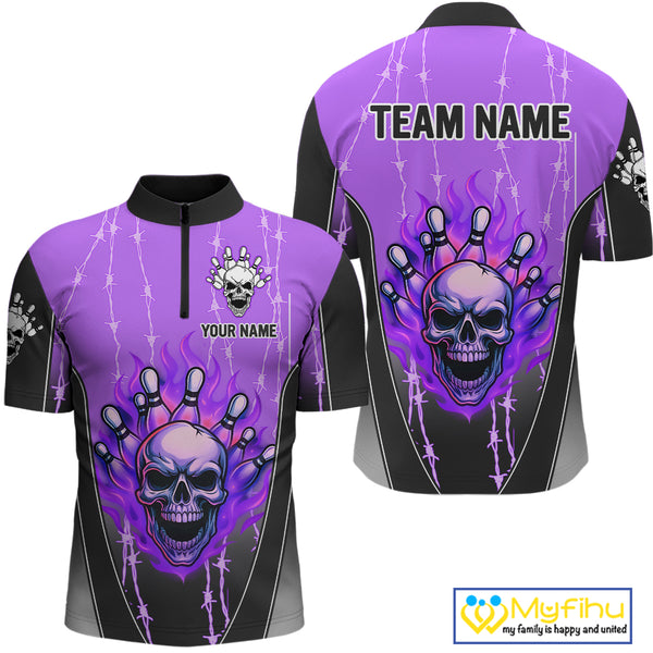 Black and purple flame skull Bowling Polo, 1/4 Zip Shirt for men Custom Team Bowling League Jersey NQS10204