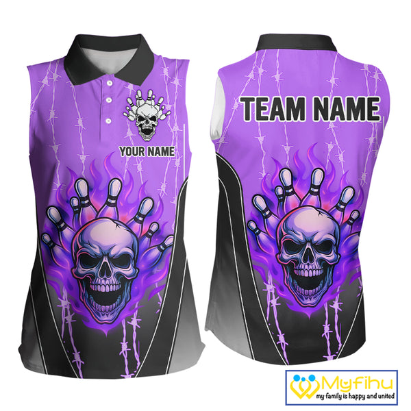 Black and purple flame skull Women Bowling sleeveless polo Shirt Custom Team Bowling League Jersey NQS10204