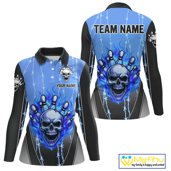 Black and blue flame skull Bowling Polo, 1/4 Zip Shirt for Women Custom Team Bowling League Jersey NQS10205