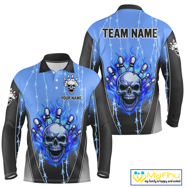 Black and blue flame skull Bowling Polo, 1/4 Zip Shirt for men Custom Team Bowling League Jersey NQS10205