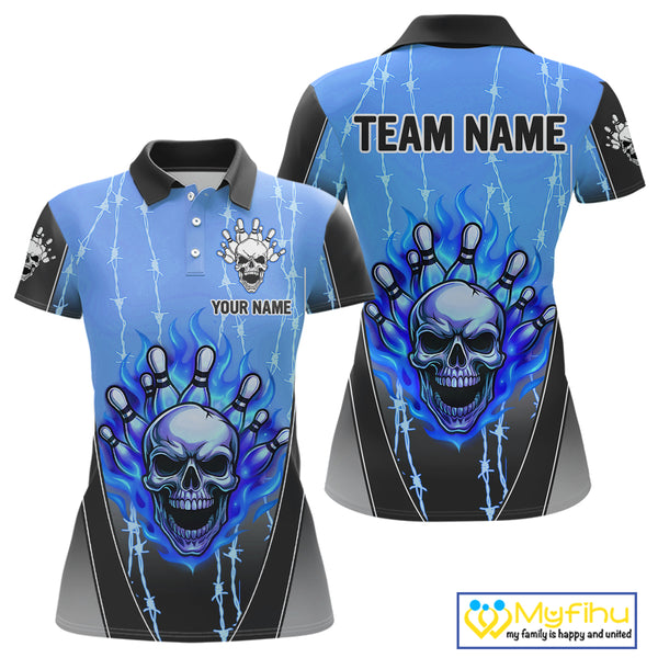 Black and blue flame skull Bowling Polo, 1/4 Zip Shirt for Women Custom Team Bowling League Jersey NQS10205
