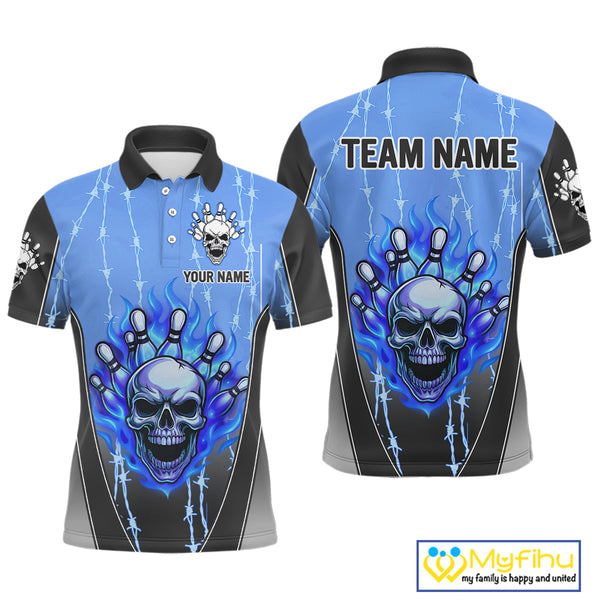 Black and blue flame skull Bowling Polo, 1/4 Zip Shirt for men Custom Team Bowling League Jersey NQS10205