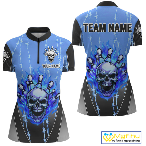 Black and blue flame skull Bowling Polo, 1/4 Zip Shirt for Women Custom Team Bowling League Jersey NQS10205