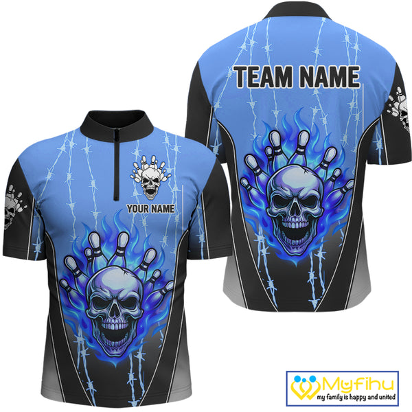 Black and blue flame skull Bowling Polo, 1/4 Zip Shirt for men Custom Team Bowling League Jersey NQS10205