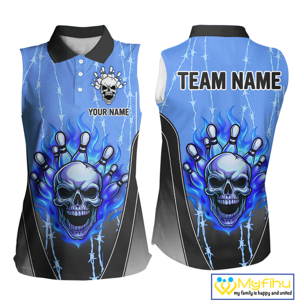 Black and blue flame skull Women Bowling sleeveless polo Shirt Custom Team Bowling League Jersey NQS10205