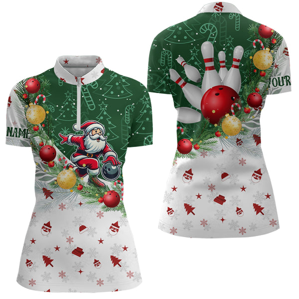 Christmas Santa Playing Bowling Womens Polo, Quarter Zip shirts Custom Christmas Team Bowling Jerseys NQS9068