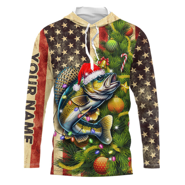 Personalized Christmas Walleye fishing American flag patriotic Performance long sleeve Fishing Shirts NQS9069