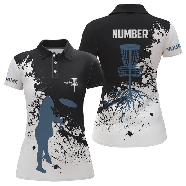 Black and white Womens disc golf polo shirt custom name and number disc golf jerseys, ladies golf tops NQS6051