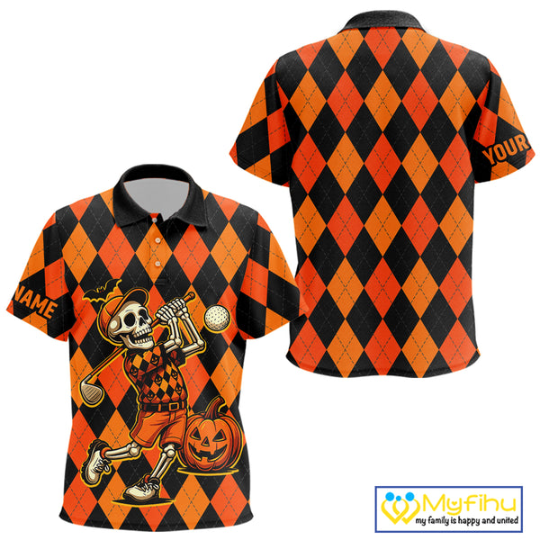 Funny Kid golf polo shirt custom orange and black argyle plaid Halloween Skull golf attire for Kid NQS10355