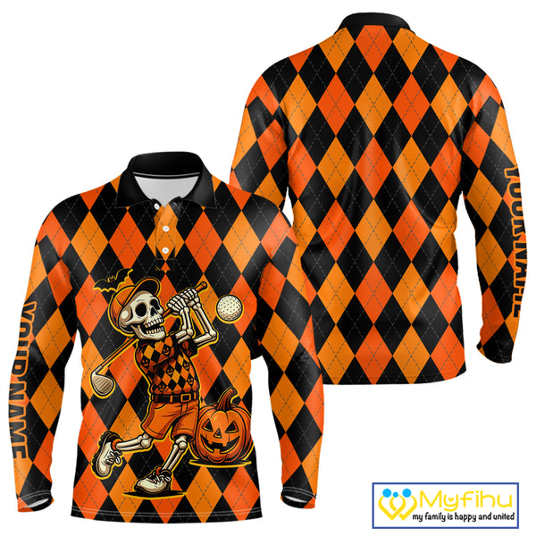 Funny Mens golf polo shirts custom orange and black argyle plaid Halloween Skull golf attire for men NQS10355