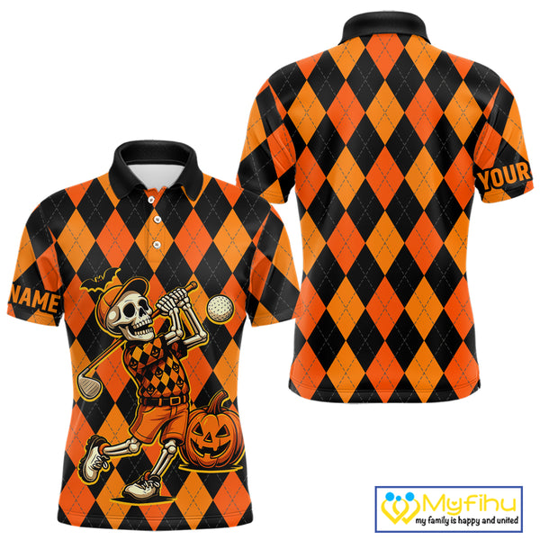 Funny Mens golf polo shirts custom orange and black argyle plaid Halloween Skull golf attire for men NQS10355