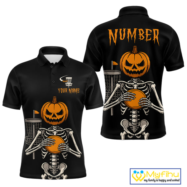 Black and Orange Halloween disc golf skull custom Men disc golf polo shirts, disc golf gifts NQS10788