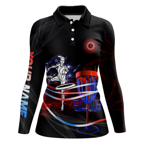 American flag black Womens disc golf polo shirts custom disco golf outfit, disc golf gifts NQS6754