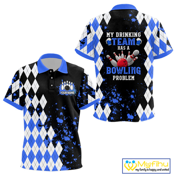 Blue argyle pattern Retro Bowling Kid Polo Shirt Custom My drinking team has a bowling problem NQS9824