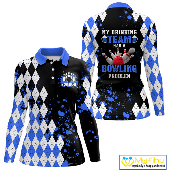 Blue argyle pattern Retro Bowling Shirts For Women Custom My drinking team has a bowling problem NQS9824