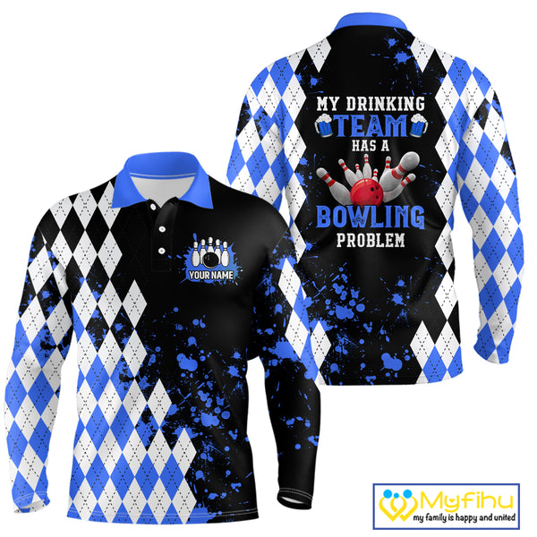 Blue argyle pattern Retro Bowling Shirts For Men Custom My drinking team has a bowling problem NQS9824
