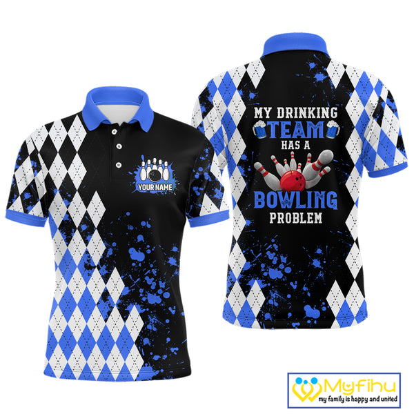 Blue argyle pattern Retro Bowling Shirts For Men Custom My drinking team has a bowling problem NQS9824
