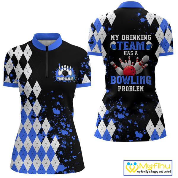 Blue argyle pattern Retro Bowling Shirts For Women Custom My drinking team has a bowling problem NQS9824