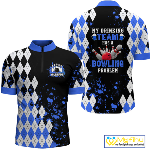 Blue argyle pattern Retro Bowling Shirts For Men Custom My drinking team has a bowling problem NQS9824