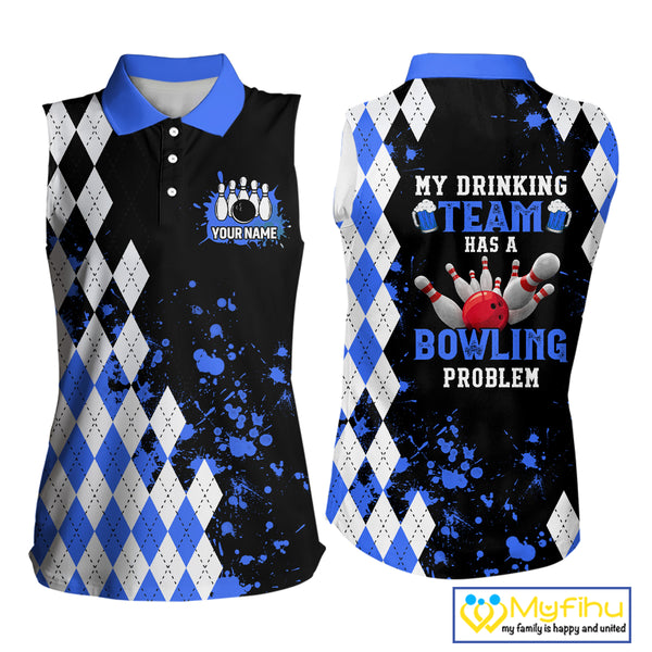 Blue argyle pattern Retro Bowling Sleeveless Polo Shirt Custom My drinking team has a bowling problem NQS9824