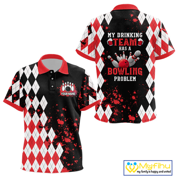 Red argyle pattern Retro Bowling Kid Polo Shirt Custom My drinking team has a bowling problem NQS9825