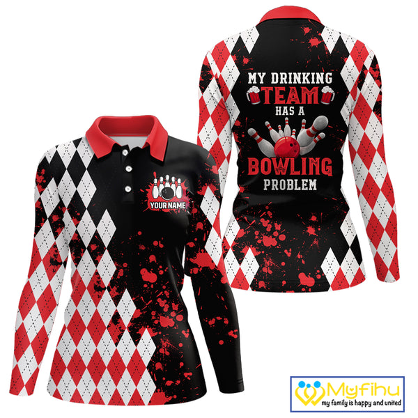 Red argyle pattern Retro Bowling Shirts For Women Custom My drinking team has a bowling problem NQS9825