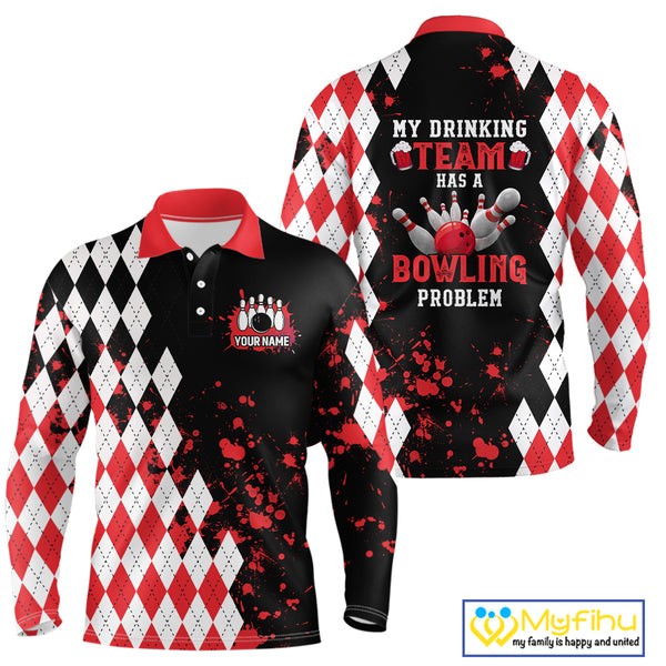 Red argyle pattern Retro Bowling Shirts For Men Custom My drinking team has a bowling problem NQS9825