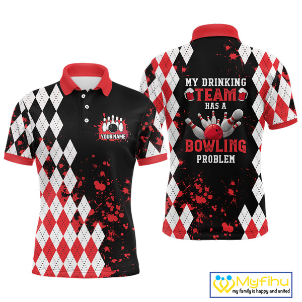 Red argyle pattern Retro Bowling Shirts For Men Custom My drinking team has a bowling problem NQS9825