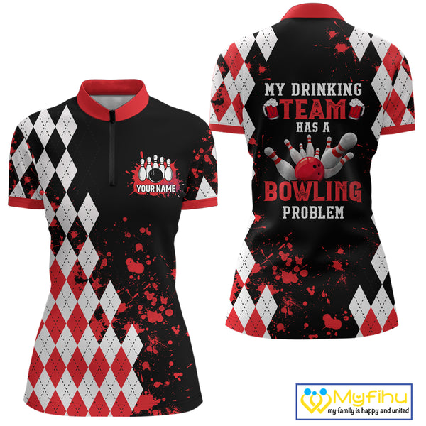 Red argyle pattern Retro Bowling Shirts For Women Custom My drinking team has a bowling problem NQS9825