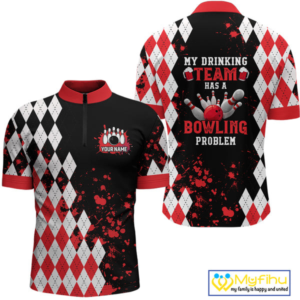Red argyle pattern Retro Bowling Shirts For Men Custom My drinking team has a bowling problem NQS9825