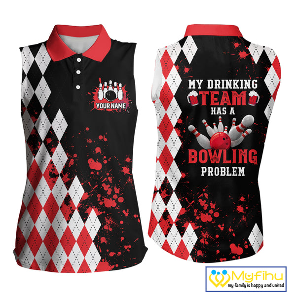 Red argyle pattern Retro Bowling Sleeveless Polo Shirt Custom My drinking team has a bowling problem NQS9825