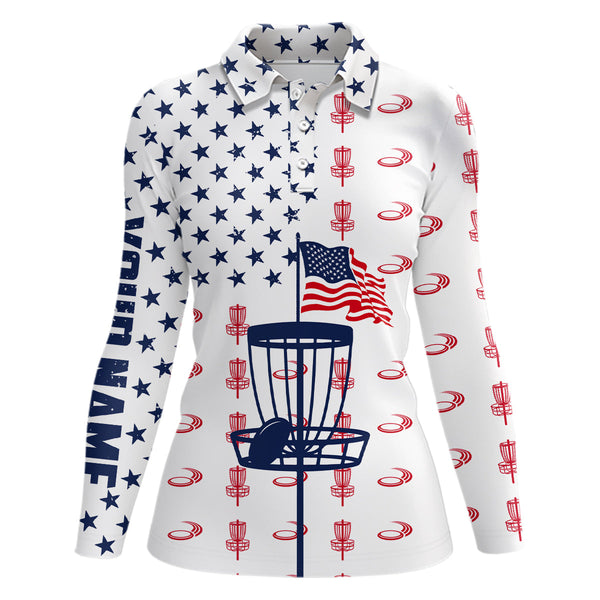 Red, white and blue American flag Womens disc golf polo shirt custom patriotic disc golf shirt NQS6766