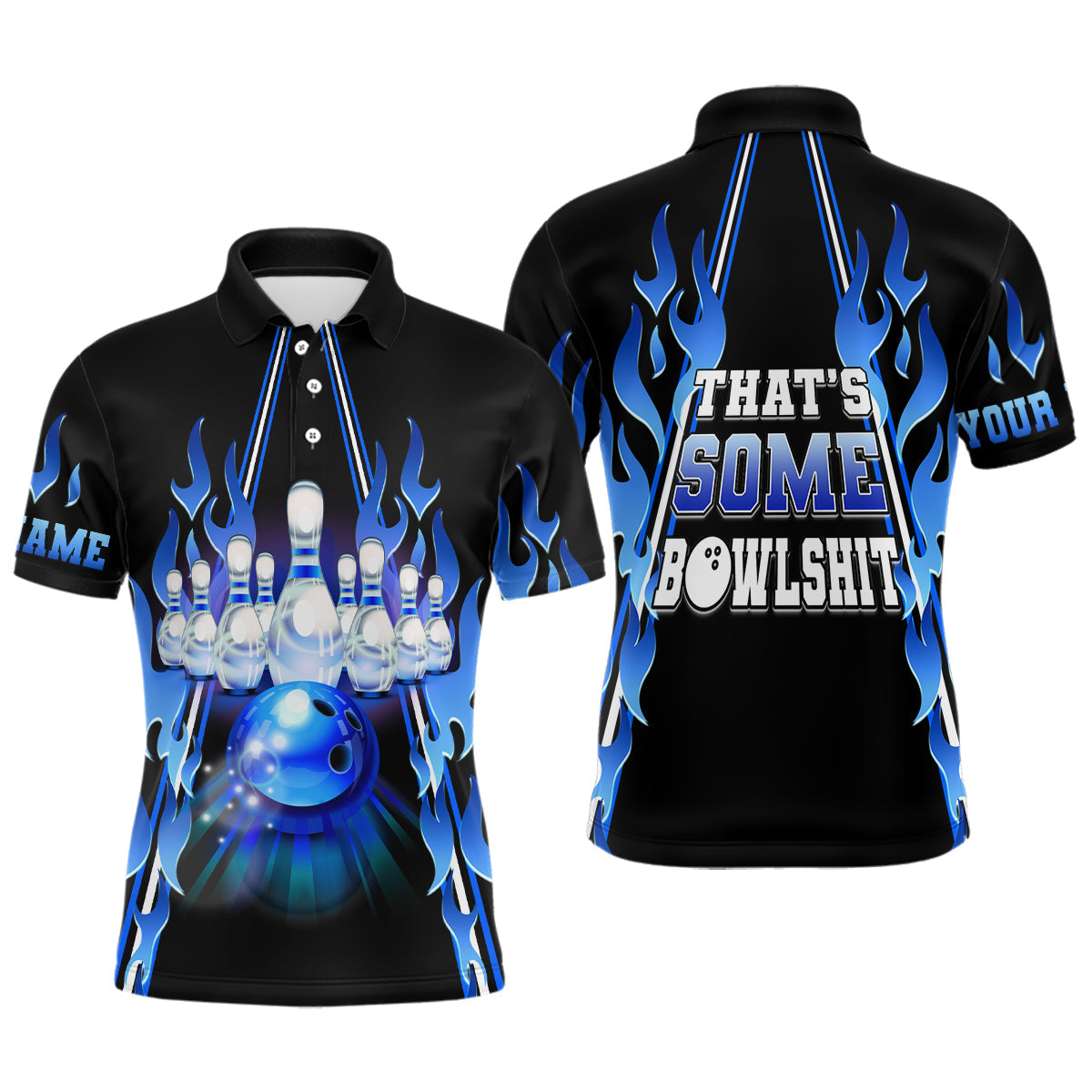 Mens bowling polo shirt Custom blue flame that's some bowlshit bowling ball pins team league jerseys NQS6284