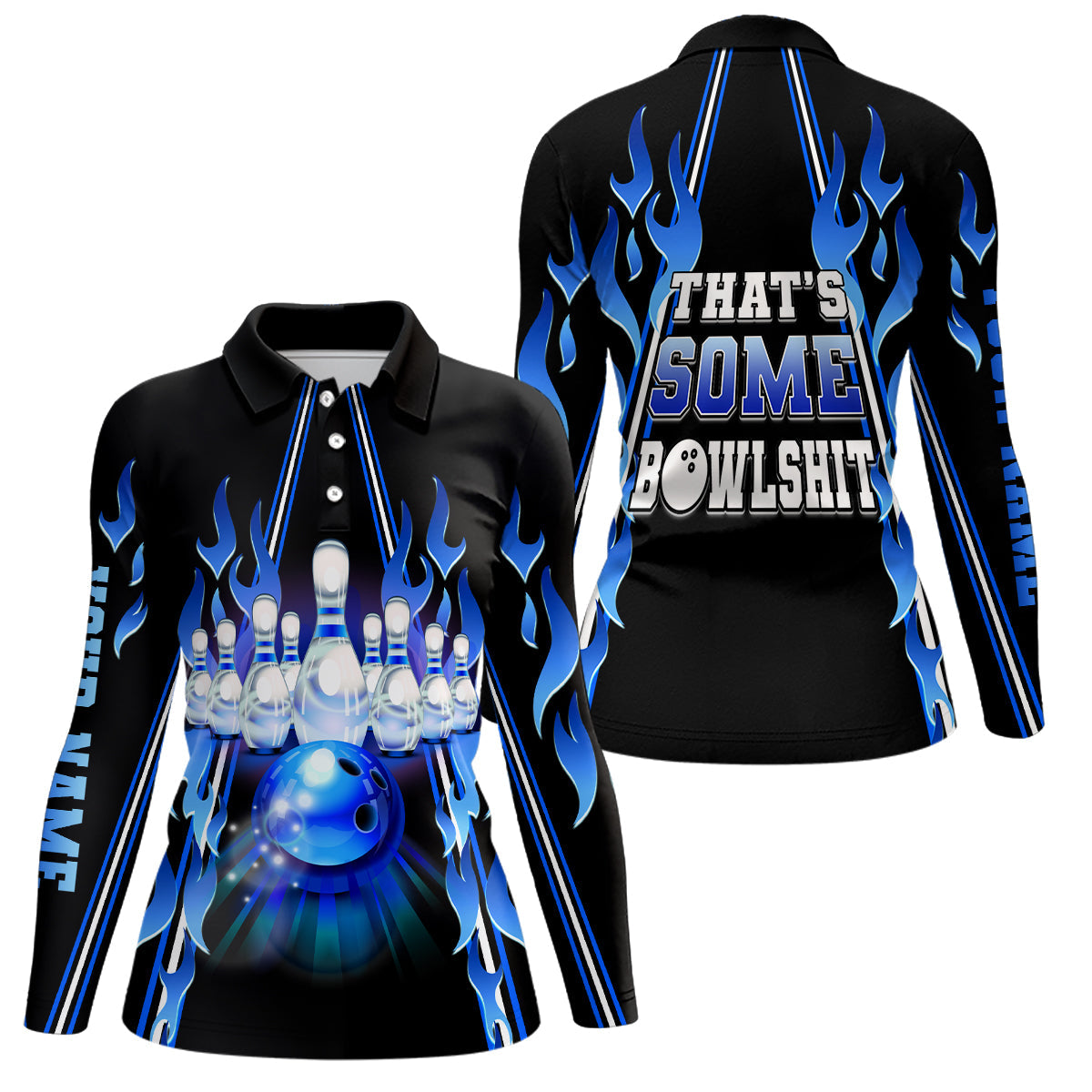 Women bowling polo shirt Custom blue flame that's some bowlshit bowling ball pins team league jerseys NQS6284