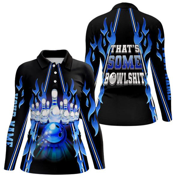 Women bowling polo shirt Custom blue flame that's some bowlshit bowling ball pins team league jerseys NQS6284