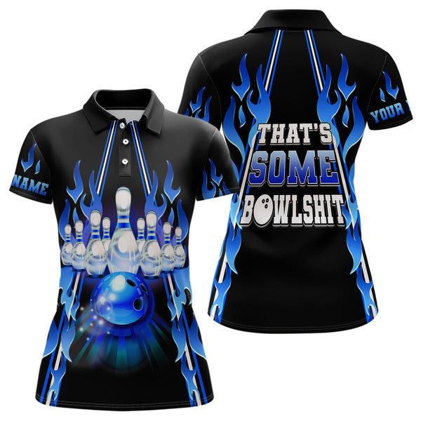 Women bowling polo shirt Custom blue flame that's some bowlshit bowling ball pins team league jerseys NQS6284