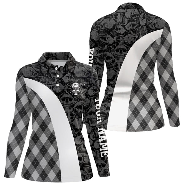 Black and white Womens golf polo shirts custom skull argyle plaid pattern golf shirts for ladies NQS6518