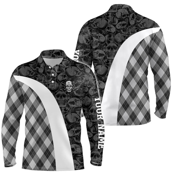 Black and white Mens golf polo shirt custom skull argyle plaid pattern golf shirts for men, golf gifts NQS6518