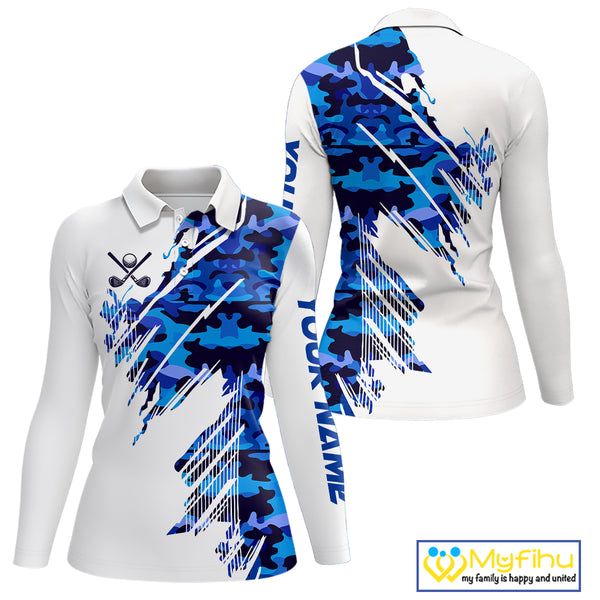Personalized Women golf polo shirts custom white and blue camo ladies golf apparel, golfing gifts NQS10073