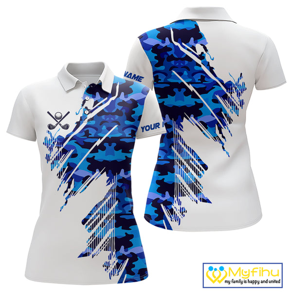 Personalized Women golf polo shirts custom white and blue camo ladies golf apparel, golfing gifts NQS10073