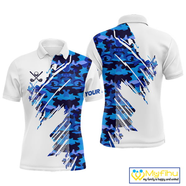 Personalized Mens golf polo shirts custom white and blue camo mens golf apparel, golfing gifts NQS10073
