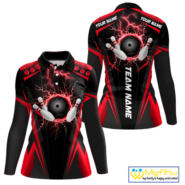 Black Women bowling Polo, Quarter Zip shirt Custom lightning thunder team league bowling jersey | Red NQS10373